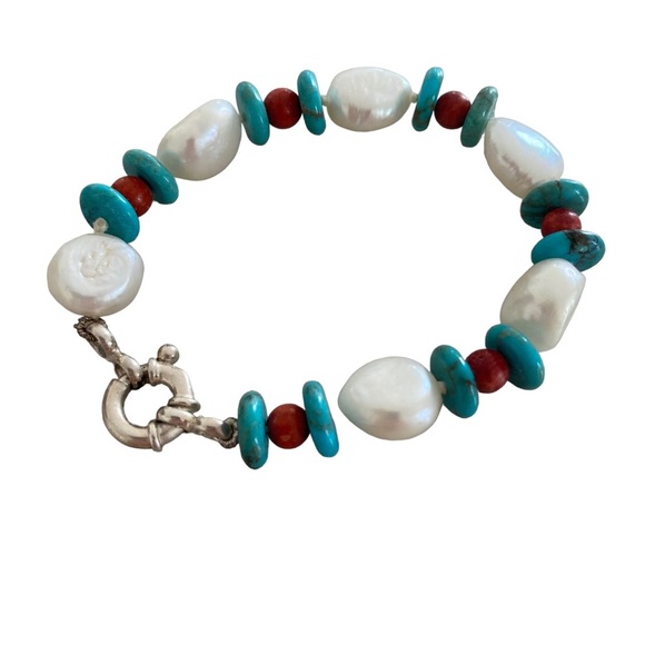 Chunky real Pearl bracelet 925 Sterling silver large clasp turquoise, coral bead - Picture 2 of 9